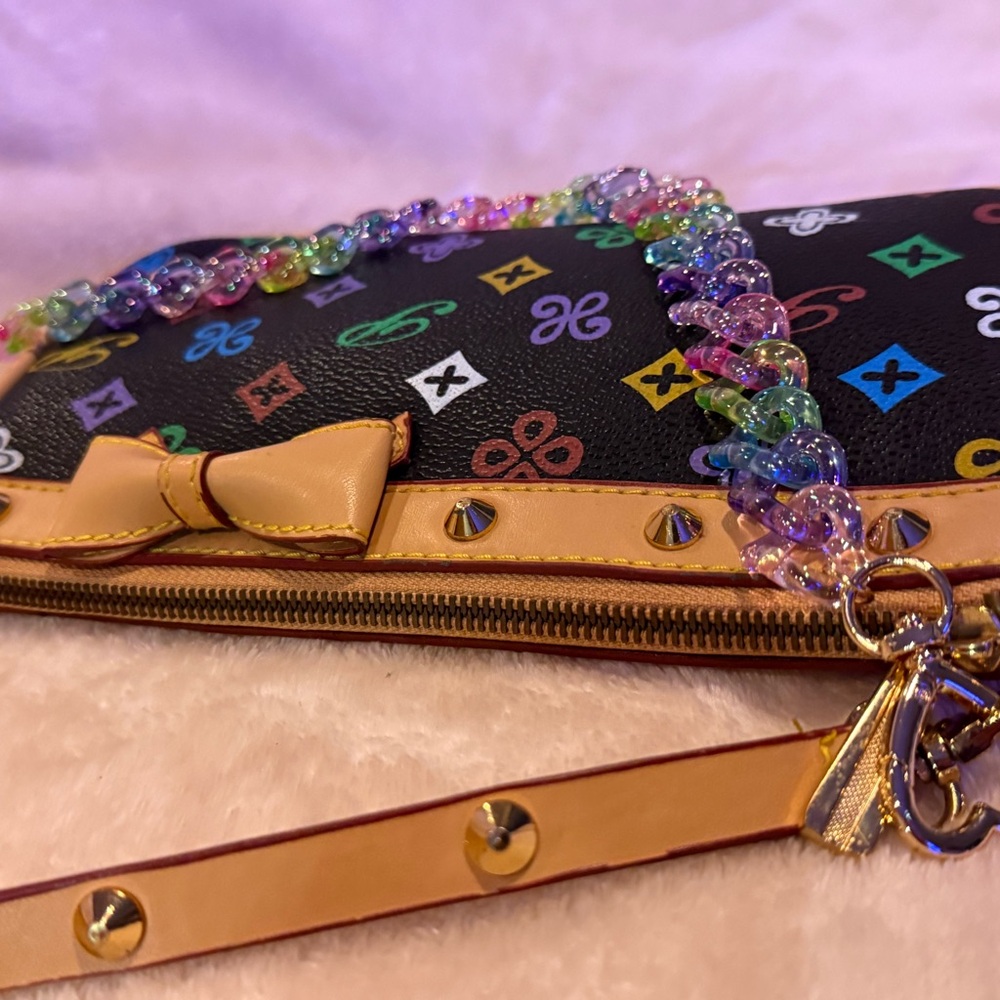 Black Multicolor Studded Monogram Shoulder Bag Tan Trim Bow Detail W Bag Chain! - Picture 8 of 12